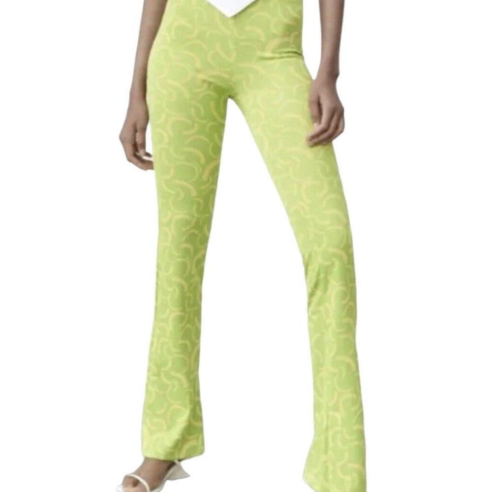 NWT ZARA leggings xs lime green yellow pullon flared hippie retro boho stretch